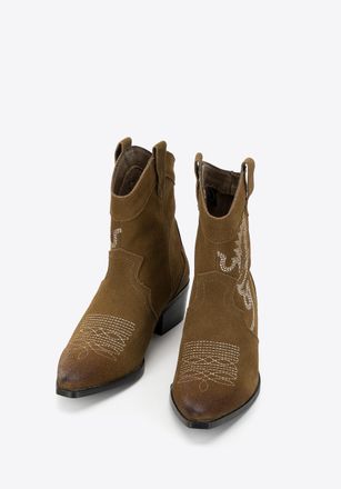 Wittchen Dames Su&egrave;de Cowboylaarzen met Borduurwerk Korte Groene Su&egrave;de Leer