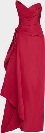 Monique Lhuillier Strapless Sculptural Draped Silk Faile Gown