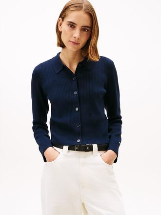 Tommy Hilfiger Womens Rib-Knit Polo Cardigan - Navy - XXL