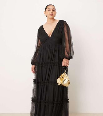 Lace & Beads Plus Vestito lungo nero boh&eacute;mien con volant