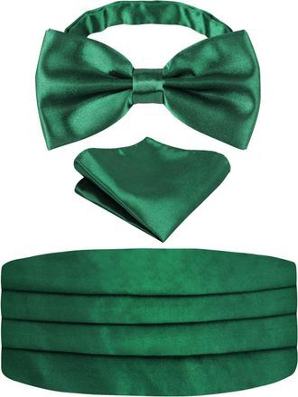 Alizeal Mens Solid Pre-tied Party Adjustable Bow Tie, Cummerbund and Pocket Square Gift Set, Green