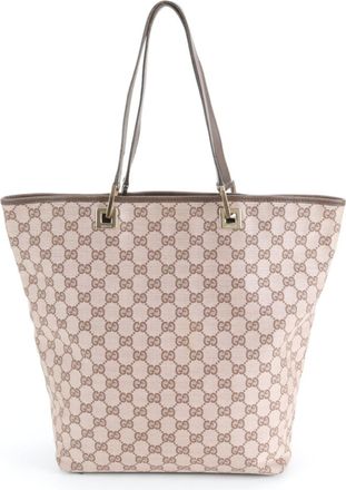 Gucci Brown Leather Canvas Handbag Tote Bag (Pre-Owned)