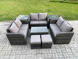 Fimous Wicker PE Rattan Garden Furniture Set 8 Seater Outdoor Lounge Sofa Set with Love Sofa Coffee Table 2 Side Tables 2 Small Footstools