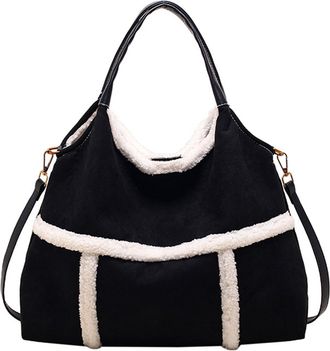 Generic Women Suede Tote with Faux Lamb Wool Lined, Vintage Plush Lamb Wool Lined Tote (Black)