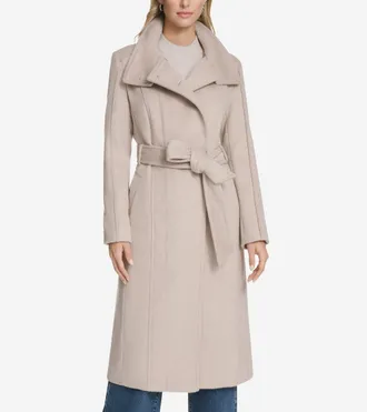 Cole Haan Womens Slick Wool Belted Coat - Beige Size 14