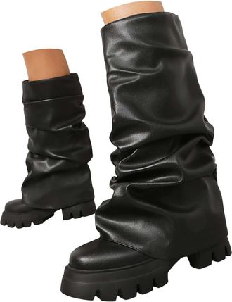 Generic Womens Knee High Boots Fold Over Slouchy Runched Boot Platform Heel Stretch Pull on Wide Calf Boots Round Toe Boot Black