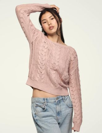 Lucky Brand Womens Open Cable Crew Neck Sweater