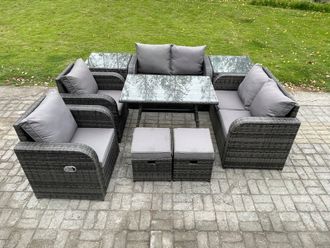 Fimous 8 Seater Wicker PE Rattan Garden Dining Set Outdoor Furniture Sofa with Rectangular Dining Table 2 Small Footstools Dark Grey Mixed