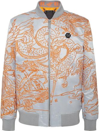 Philipp Plein Satin Bomber Skeleton Tattoo - Heren - Bomber jackets - Grijs - M - Polyester - Jassen