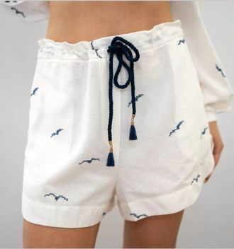 Dress To Nautical Embroidered Drawstring Linen Shorts In Off White