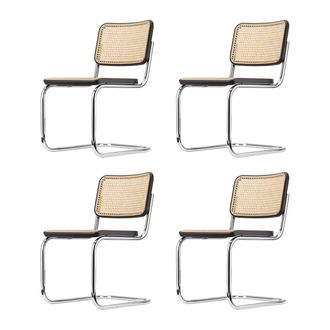 Thonet S 32 V Stuhl, Chrom / Buche schwarz gebeizt (TP 29) / Rohrgeflecht mit Kunststoffst&uuml;tzgewebe (4er-Set)