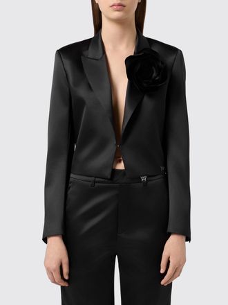 Philipp Plein Blazer corto in raso con applicazione floreale e rever a lancia