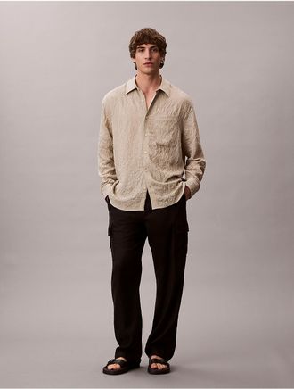 Calvin Klein Mens Yarn-Dyed Stripe Crinkle Relaxed Button-Down Shirt - Brown - L