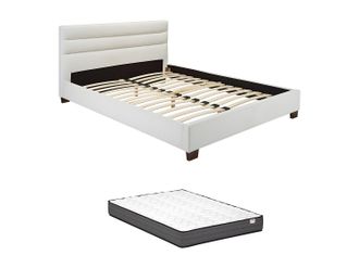 Vente-Unique Cama 140 x 190 cm - Piel sint&eacute;tica - blanco + colch&oacute;n - FAUSTIN