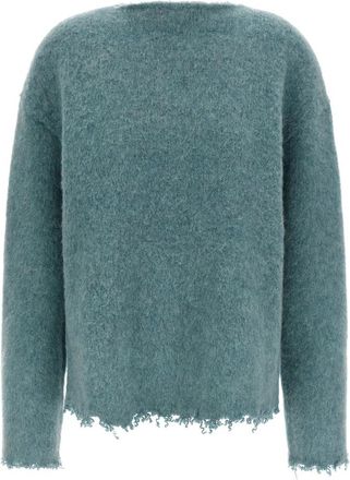 Jil Sander Sweater met Franjes - Dames - Ronde hals truien - Blauw - M - Wol - Truien & Vesten