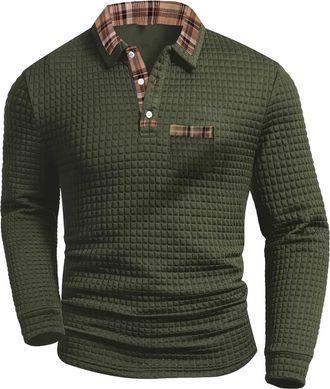 Generic Mens Polo Shirts Long Sleeve Waffle Polo T Shirts Slim Fit Designer Golf Shirt Plaid Collar Polos with Pocket Moisture Wicking Casual Tops Breathable 