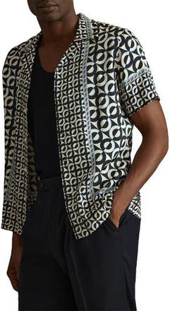Reiss Prentice Regular Fit Geo Print Camp Shirt in Lapis Blue at Nordstrom Rack, Size Xx-Large