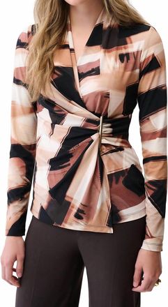 Joseph Ribkoff Abstract Print Faux Wrap Top In Black Brown