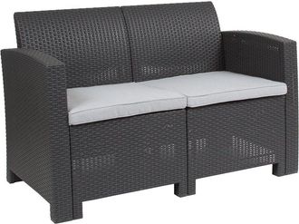 Flash Furniture Dark Gray Faux Rattan Loveseat with All-Weather Seneca Light Gray Cushions
