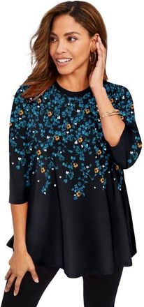 Jessica London Stretch Knit Swing Tunic in Teal Falling Leaves at Nordstrom, Size 12