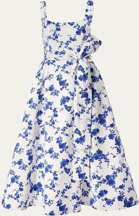 Carolina Herrera Floral Scoop Neck Midi Dress with Sash
