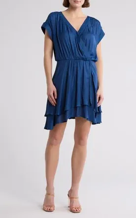 Socialite Cap Sleeve Satin Tiered Minidress in Navy Peony at Nordstrom Rack, Size X-Small