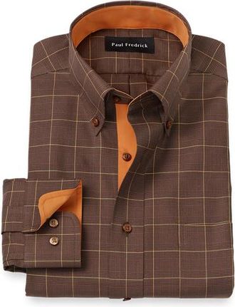 Paul Fredrick Tailored Fit Comfort Stretch Non-iron Windowpane Dress Shirt With Contrast Trim in Brown/orange at Nordstrom, Size 15.5 - 33