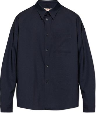 Marni Wol een hemd met zak - Heren - Zakelijke Overhemden - Blauw - L - Wol - Overhemden