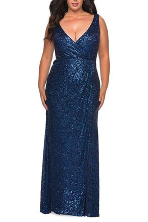 La Femme Sequin Plus Size Gown with Ruching and V-neck in Navy at Nordstrom, Size 14W