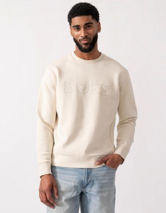 HUGO BOSS Mens BOSS Green Salbo Mens Stretch-Cotton Sweatshirt with Sandwich Print Logo - Open White 131 - Tan - Size: 40