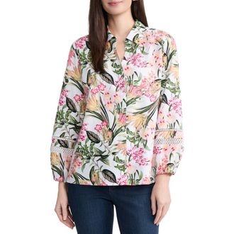 Jones New York Floral Linen Blend Button-Up Shirt in White Sand Multi at Nordstrom, Size X-Large