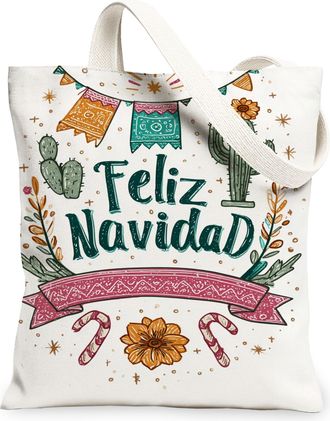 Generic Christmas Cactus Canvas Tote Bags, Floral Pattern Reusable Grocery Bags, Vintage Bohemian Lightweight Washable Canvas for T, White, 13x15 Inch