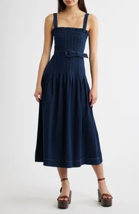 Moon River Pleated Belted Cotton Blend Denim Midi Dress in Indigo at Nordstrom, Size Medium