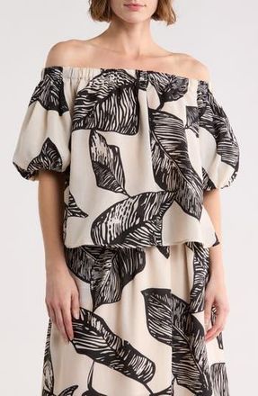 Ellen Tracy Off the Shoulder Puff Sleeve Top in Black Marshmallow Botanica at Nordstrom Rack, Size X-Large