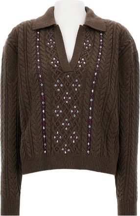 Des_Phemmes Embroidered Cable-Knit Sweater With Classic Collar And Ribbed Cuffs