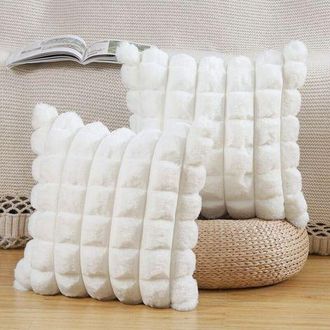 OEM Juego De 2 Fundas De Coj&iacute;n De Felpa A Cuadros Con Pelo Sint&eacute;tico, Fundas Decorativas Suaves Y Mullidas Para Sof&aacute; O Dormitorio, Color Blanco Crema, 45 