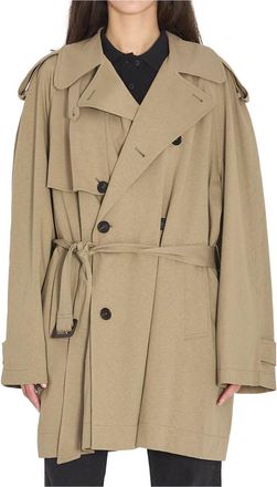 Balenciaga Jassen, Dames, Beige, S, Katoen, Belted Double-Breasted Trenchcoat