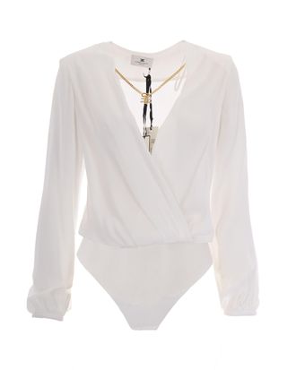 Elisabetta Franchi Long-Sleeved V-Neck Bodysuit with Structured Shoulders and Detachable Necklace
