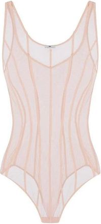 Elisabetta Franchi Tops, Dames, Beige, XL, Tule, Bodysuit van tule met micro-mesh textuur