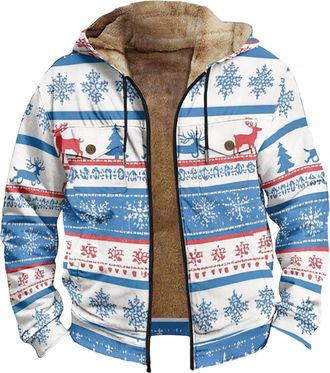 Generic Mens Fleece Jackets Full Zip - Men Christmas Coats Printed Funny Xmas Hoodie With Hood Sherpa Fleece Jackets Long Sleeve Autumn Winter Thick Coats Wit