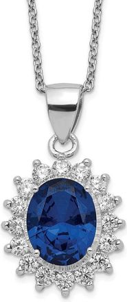 Diamond2Deal Sterling Silver Rhodium-plated Created Dark Blue Spinel and CZ Oval Halo Pendant Necklace
