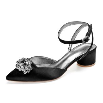 Generic Wedding Bridal Heels Women Ankle Strap Pointed Toe Slingback Chunky Low Heels Womens Pumps Wedding Dress Shoes 4.5Cm,Black,4 UK