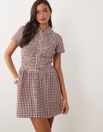 Nobody's Child Ioni - Vestito corto con maniche a sbuffo color prugna a quadretti gingham-Viola