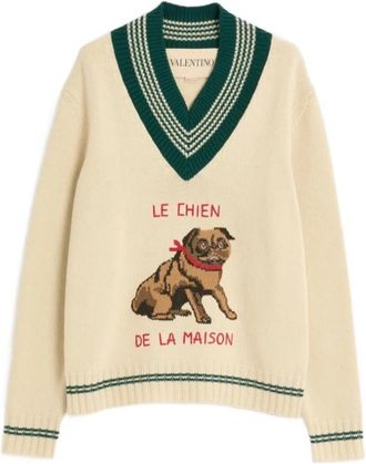 Valentino Le Chien Jacquard Straight Cut Top - Heren - V-hals truien - Beige - M - Truien & Vesten