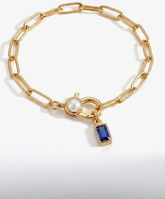 Mint & Lily Paperclip Bracelet with Pearl Accent with Dainty Baguette Birthstone Charm in September Sapphire at Nordstrom, Size 8
