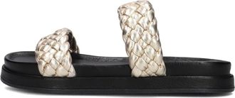 Omoda Schoenen, Dames, Geel, 42 EU, Gouden leren slippers met geweven bovenwerk