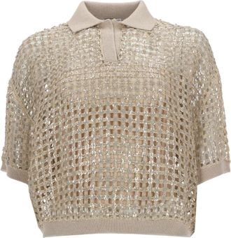 Brunello Cucinelli Polo in maglia di seta e lino - - Tops - Donna - Beige - M