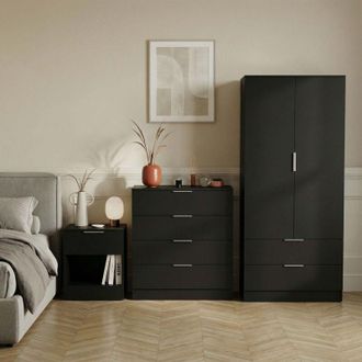 Home Discount Trega 3pc Bedroom Furniture Storage Set - Bedside, 4 Drawer Chest & 2 Door Wardrobe, Black