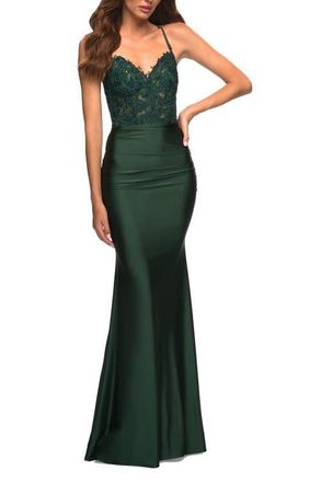 La Femme Jewel Tone Jersey Gown with Sheer Lace Bodice in Dark Emerald at Nordstrom, Size 10