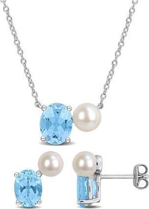 Delmar Blue Topaz & Freshwater Pearl Stud Earrings & Necklace Set in Blue Multi at Nordstrom Rack